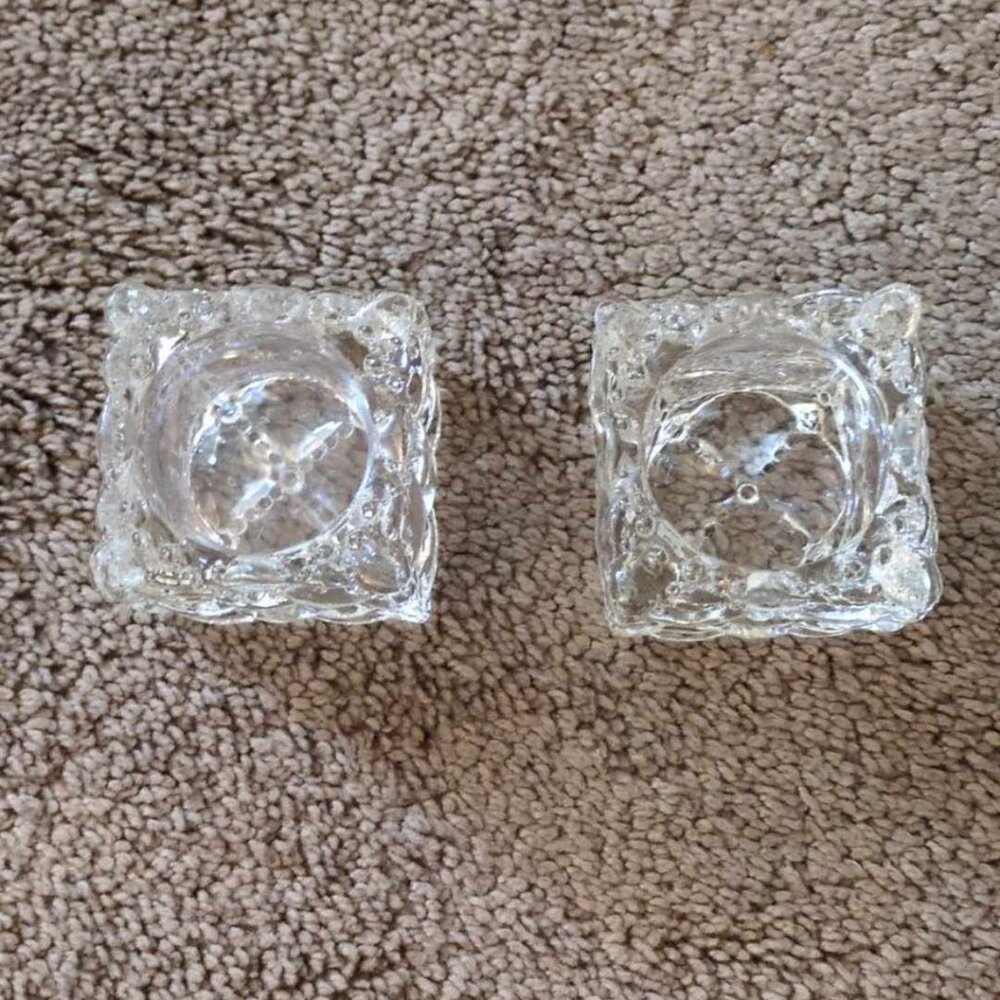 Crystal Block Candle Holders 2" Square Mid Century Votive Romantic Ice Whimsical